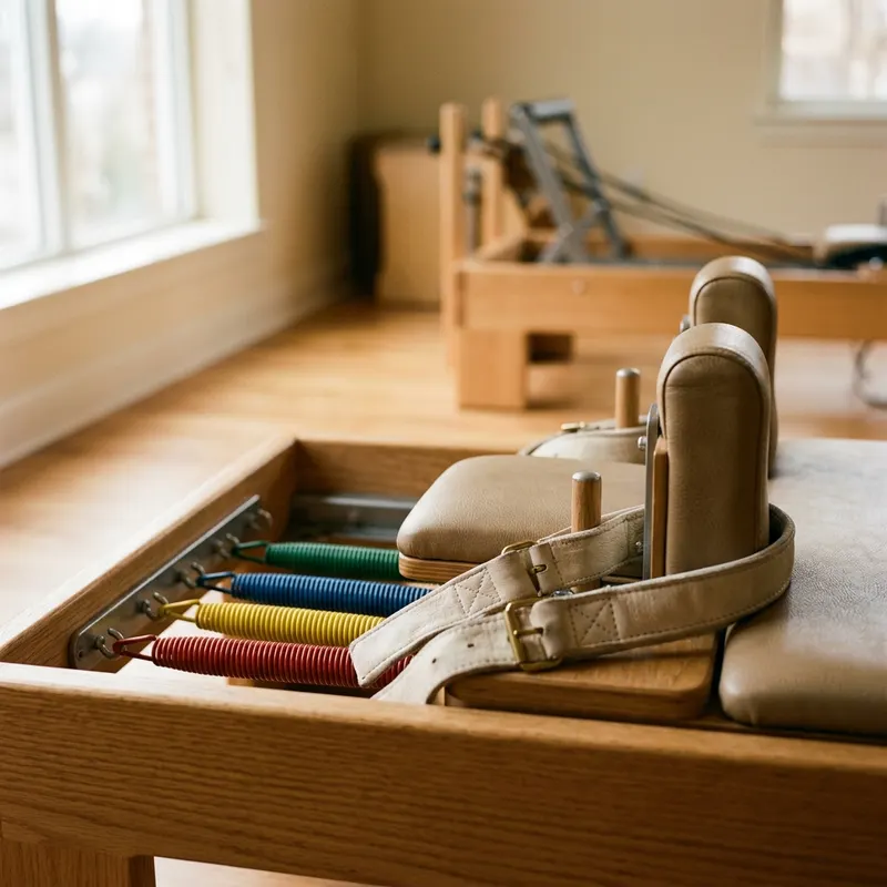 Close-up of a reformer's springs and wooden frame